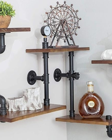 Industrial Rustic Modern Wood Ladder Pipe Wall Mounted Floating Shelves - Set of 3 Bookshelf,DIY Storage Shelving,Hung Bracket,Bookcase (Set of 3 Ladder Shelves) - LeafyLoom