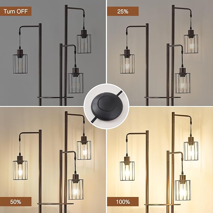 Dimmable floor lamp with tray，Industrial Farmhouse Floor Lamp adjustable Angle，3 Light Rustic Standing Tall Lamp for living room, bedroom and office （bulbs included） - LeafyLoom