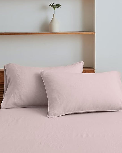 Simple&Opulence 100% Linen Sheet Set Solid Color-4 Pcs Washed French Linen Bed Sheets(1 Flat Sheet,1 Fitted Sheet,2 Pillowcases)-Breathable Bedding Set (Queen, Blush Pink) - LeafyLoom