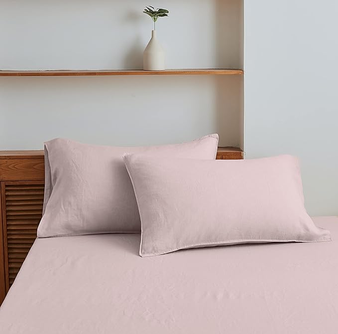 Simple&Opulence 100% Linen Sheet Set Solid Color-4 Pcs Washed French Linen Bed Sheets(1 Flat Sheet,1 Fitted Sheet,2 Pillowcases)-Breathable Bedding Set (Queen, Blush Pink) - LeafyLoom