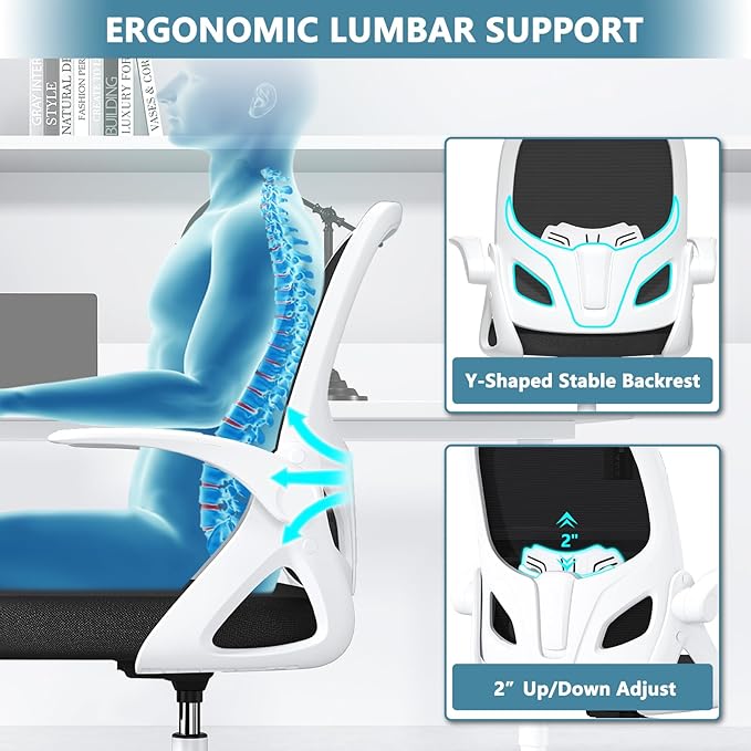 Drafting Chair Tall Office Chair for Standing Desk Adjustable Tall Desk Chair with Footrest Ring and Lumbar Support Ergonomic Computer Chair with Flip-up Armrests (White) - LeafyLoom