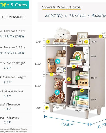 Wooden Cube Bookcase with Legs - 3-Tier Open Shelf Kidsroom Sorted Storage Cabinet Organizer for Books and Toys, 5-Cube Lattice Cute Cubby Bookshelf in White Mixed Mocha Brown, 24" W - LeafyLoom