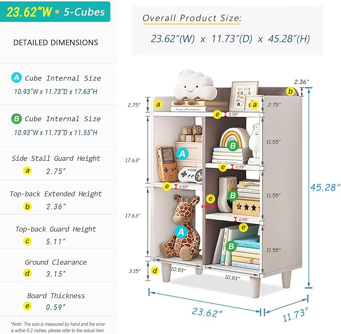 Wooden Cube Bookcase with Legs - 3-Tier Open Shelf Kidsroom Sorted Storage Cabinet Organizer for Books and Toys, 5-Cube Lattice Cute Cubby Bookshelf in White Mixed Mocha Brown, 24" W - LeafyLoom
