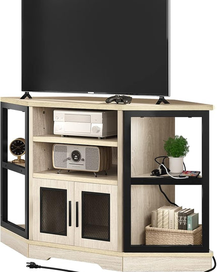 YITAHOME Corner TV Stand for TVs up to 55/50 Inch with Power Outlet, Modern Farmhouse Entertainment Center, Wood TV Media Console with Storage Cabinets Shelves for Living Room, White Oak - LeafyLoom