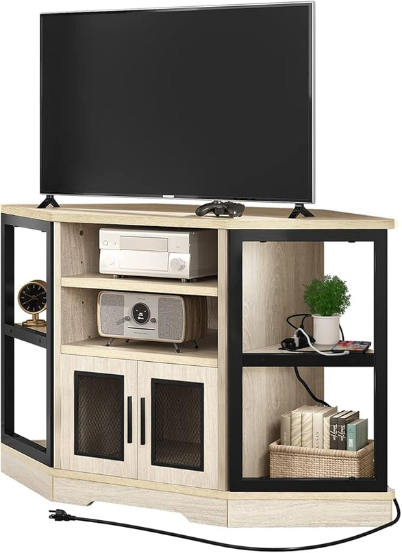 YITAHOME Corner TV Stand for TVs up to 55/50 Inch with Power Outlet, Modern Farmhouse Entertainment Center, Wood TV Media Console with Storage Cabinets Shelves for Living Room, White Oak - LeafyLoom