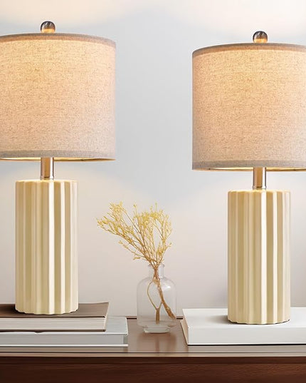 Oneach 21'' Farmhouse Ceramic Table Lamp Set of 2 for Bedroom Living Room House Decor Off-White Desk Lamps Home Office Dorm Rustic Modern Style Lamp - LeafyLoom