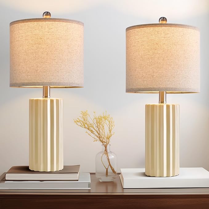 Oneach 21'' Farmhouse Ceramic Table Lamp Set of 2 for Bedroom Living Room House Decor Off-White Desk Lamps Home Office Dorm Rustic Modern Style Lamp - LeafyLoom