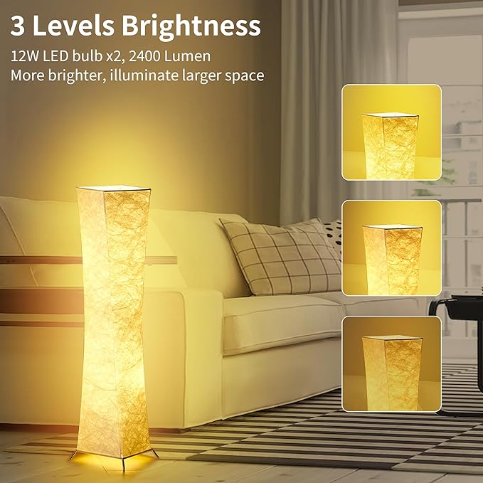 chiphy Floor Lamp, Dimmable 39" (XS) Tall Standing Lamp, 3 Levels Adjustable Brightness 12Wx2 LED Bulbs, Column Floor Light w/White Fabric Shade, Home Decor for Living Room, Bedroom, Kids Room - LeafyLoom