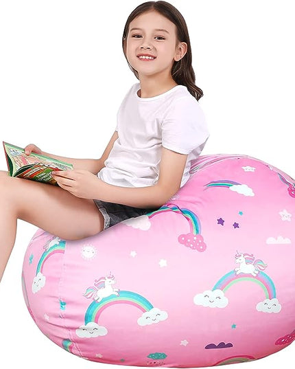 Lukeight Unicorns Stuffed Animal Storage Bean Bag Chair Cover for Kids, Unicorns Zipper Beanbag Chair Cover for Organizing Toddler & Kids' Rooms Plush Toys (Rainbow Pink, Large) - LeafyLoom