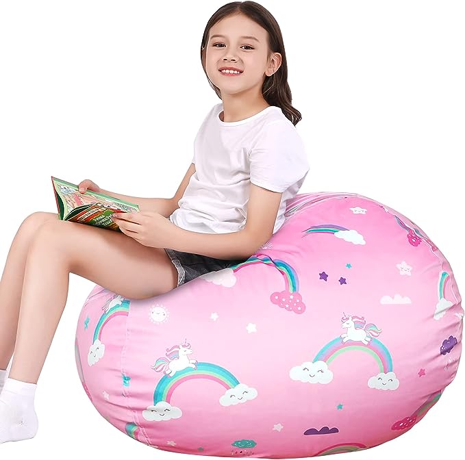 Lukeight Unicorns Stuffed Animal Storage Bean Bag Chair Cover for Kids, Unicorns Zipper Beanbag Chair Cover for Organizing Toddler & Kids' Rooms Plush Toys (Rainbow Pink, Large) - LeafyLoom