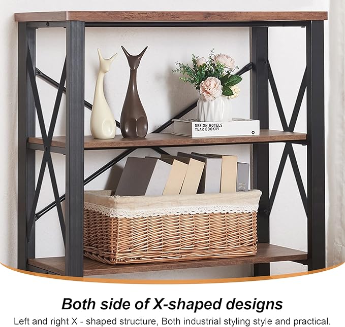 HOMBAZAAR Bookshelf, 3-Tier Industrial Bookshelf, Etagere Bookcases and Bookshelves, Small Bookshelf Storage Organizer, Freestanding Bookshelf for Living Room, Bedroom and Home Office, Brown - LeafyLoom
