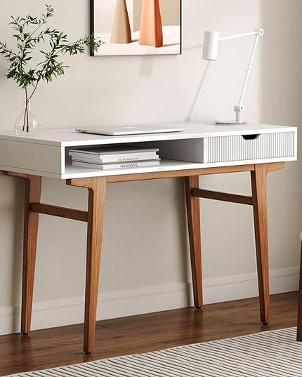 White Computer Desk with Drawers - 45 inch Minimalist Small Solid Wood Mid-Century Modern Office Desk for Home - Boho Style Writing Table with Open Storage,Light Wooden Desk Workspace - LeafyLoom