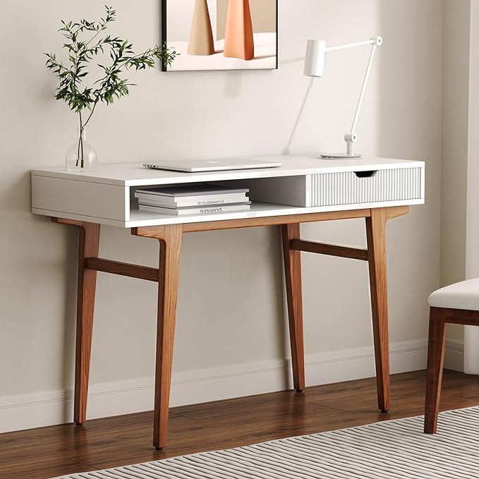 White Computer Desk with Drawers - 45 inch Minimalist Small Solid Wood Mid-Century Modern Office Desk for Home - Boho Style Writing Table with Open Storage,Light Wooden Desk Workspace - LeafyLoom