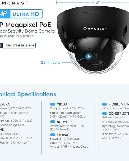Amcrest 5MP POE Camera, Outdoor Vandal Dome Security POE IP Camera, 5-Megapixel, 98ft NightVision, 2.8mm Lens, IP67, IK10 Resistance, MicroSD 256GB (Sold Separately), Cloud, NVR (IP5M-D1188EB-28MM) Amcrest