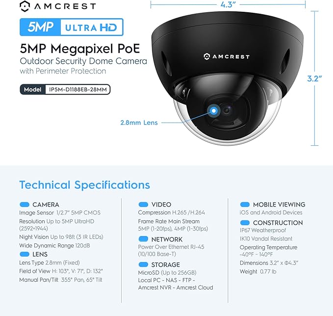 Amcrest 5MP POE Camera, Outdoor Vandal Dome Security POE IP Camera, 5-Megapixel, 98ft NightVision, 2.8mm Lens, IP67, IK10 Resistance, MicroSD 256GB (Sold Separately), Cloud, NVR (IP5M-D1188EB-28MM) Amcrest