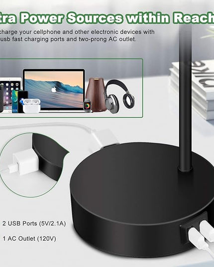 Industrial 3 Way Dimmable Touch Control Desk Lamp with 2 USB Ports & AC Outlet Bedside Nightstand Reading Lamp Flexible Head Farmhouse Black Table Lamp for Office Bedroom Living Room Bulb Included - LeafyLoom
