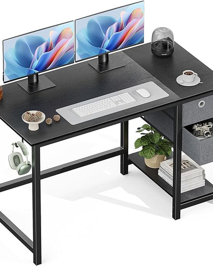 Sweetcrispy Computer Desk with Drawers 48 Inch Office Writing Work Kids Study 2-Tier Wood Corner Table with Storage Drawers Shelf for Bedroom Home Office - Black - LeafyLoom