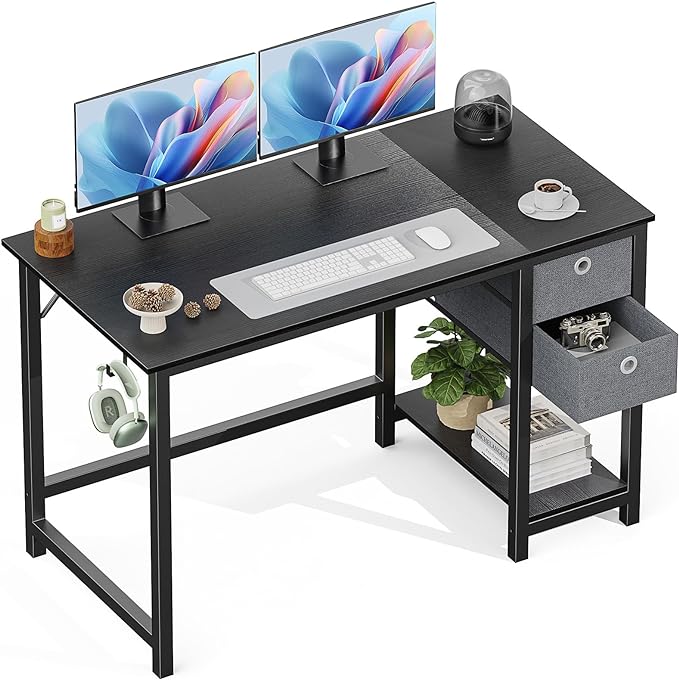 Sweetcrispy Computer Desk with Drawers 48 Inch Office Writing Work Kids Study 2-Tier Wood Corner Table with Storage Drawers Shelf for Bedroom Home Office - Black - LeafyLoom
