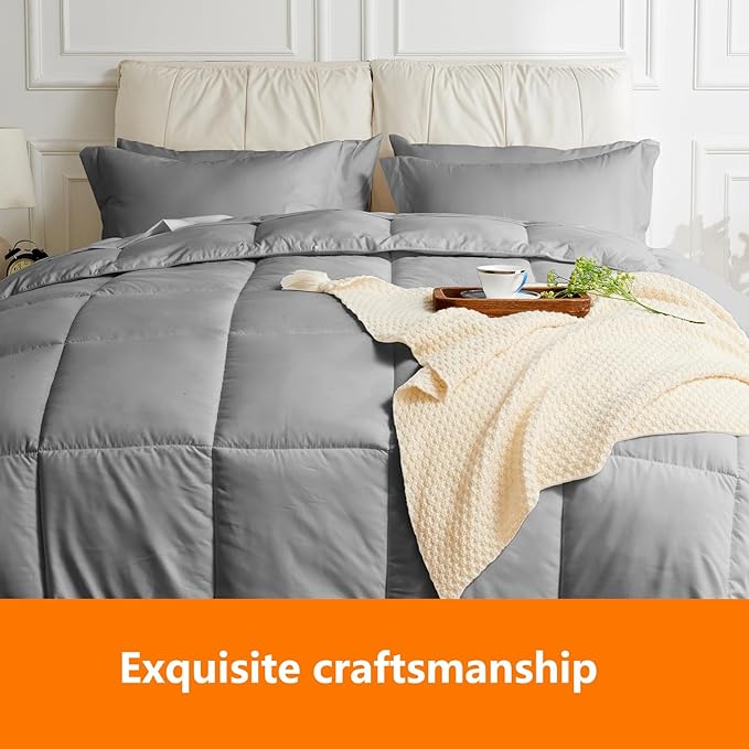Full Size Comforter Set - 3 Pieces, 1 Reversible Comforter and 2 Pillowcases,Soft Quilted Warm Fluffy Cooling Bedding for All Season,Grey - LeafyLoom
