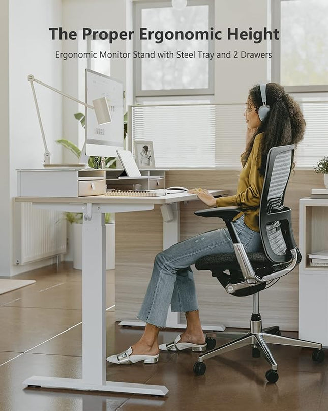 BANTI 48"x 26" Electric Standing Desk with Glass Top Monitor Stand, Adjustable Sit Stand Up Table with Double Drawer, Sit Stand Desk with Storage Shelf, Light Walnut Top - LeafyLoom