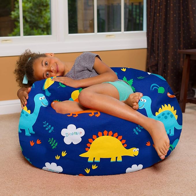 Posh Creations Bean Bag Chair for Kids, Teens, and Adults Includes Removable and Machine Washable Cover, Canvas Dinos on Blue, 38in - Large - LeafyLoom