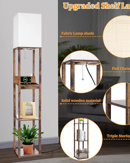 【Upgraded】Floor Lamp with Shelves,Shelf Floor Lamps for Living Room with Wireless Charger, Floor Lamps for Bedroom with USB A+C Charging Ports and 2 AC Outlet, Brown Wood Lamp for Living Room, Bedroom - LeafyLoom
