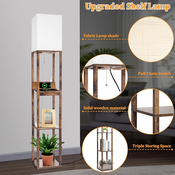 【Upgraded】Floor Lamp with Shelves,Shelf Floor Lamps for Living Room with Wireless Charger, Floor Lamps for Bedroom with USB A+C Charging Ports and 2 AC Outlet, Brown Wood Lamp for Living Room, Bedroom - LeafyLoom