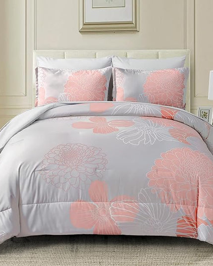 Yiran 7 Pieces Blush Grey Comforter Set Floral Bed in a Bag Soft Microfiber Comforter Bedding Set Queen Size 90"×90"(1 Comforter,2 Pillowcases,2 Pillow Shams,1 Flat Sheet,1 Fitted Sheet) - LeafyLoom
