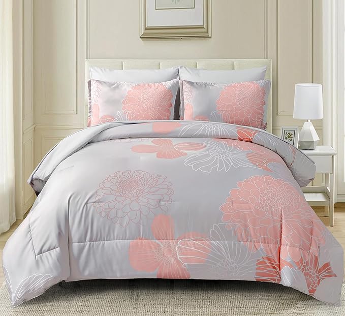 Yiran Blush Grey Floral Bed in a Bag Comforter 7 Pieces Soft Microfiber Comforter Set Bedding Set King Size 103"×90"(1 Comforter,2 Pillowcases,2 Pillow Shams,1 Flat Sheet,1 Fitted Sheet) - LeafyLoom