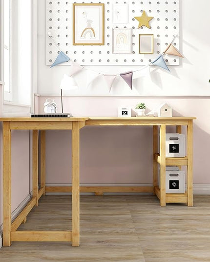 Max & Lily Solid Wood Corner Desk, 55 x 55 Inches, Natural - LeafyLoom