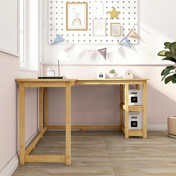 Max & Lily Solid Wood Corner Desk, 55 x 55 Inches, Natural - LeafyLoom