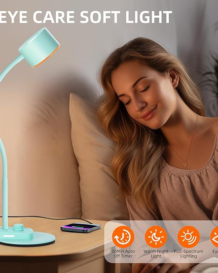 Desk Lamp, Fully Dimmable Bedside Reading Lamp with USB C + A Charging Ports, 5 Colors, Simple to Operate, Eye Care Metal Table Lamp Efficient Gooseneck Desk Lamps for Home Office College Dorm Room - LeafyLoom
