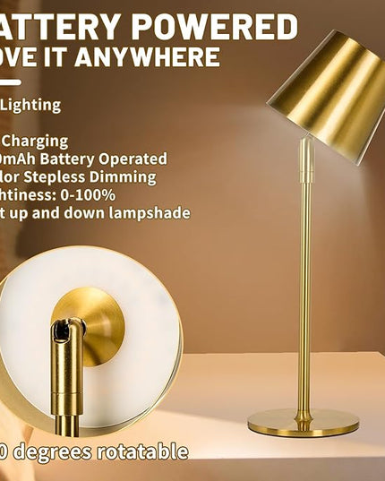 Cordless Table Lamp,Portable LED Desk Lamp, Battery Operated, 3 Color Stepless Dimming Up, for Restaurant/Bedroom/Bars/Outdoor Party/Camping/Coffee Shop Night Light。 (Gold) - LeafyLoom
