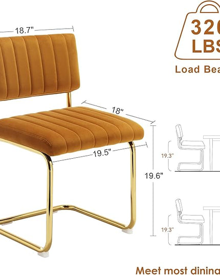 ONEVOG Orange Velvet Dining Chairs Set of 2, Upholstered Kitchen Dining Room Chair, Comfy Dinner Chair with Gold Metal Legs, Cantilevered Design Chair for Bedroom, Living Room - LeafyLoom