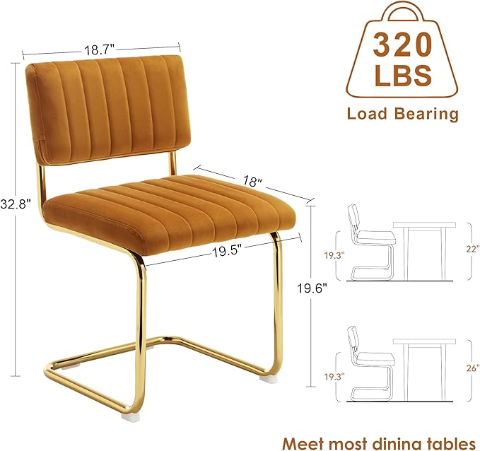 ONEVOG Orange Velvet Dining Chairs Set of 2, Upholstered Kitchen Dining Room Chair, Comfy Dinner Chair with Gold Metal Legs, Cantilevered Design Chair for Bedroom, Living Room - LeafyLoom