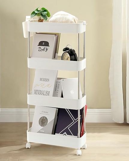 VECELO Storage Rolling Cart, 4 Tier Utility Cart Kitchen Slim Mobile Storage Unit Organizers with Wheels Hooks&Hanging Cups for Bedroom Bathroom Office Table Side in Narrow Places, White - LeafyLoom
