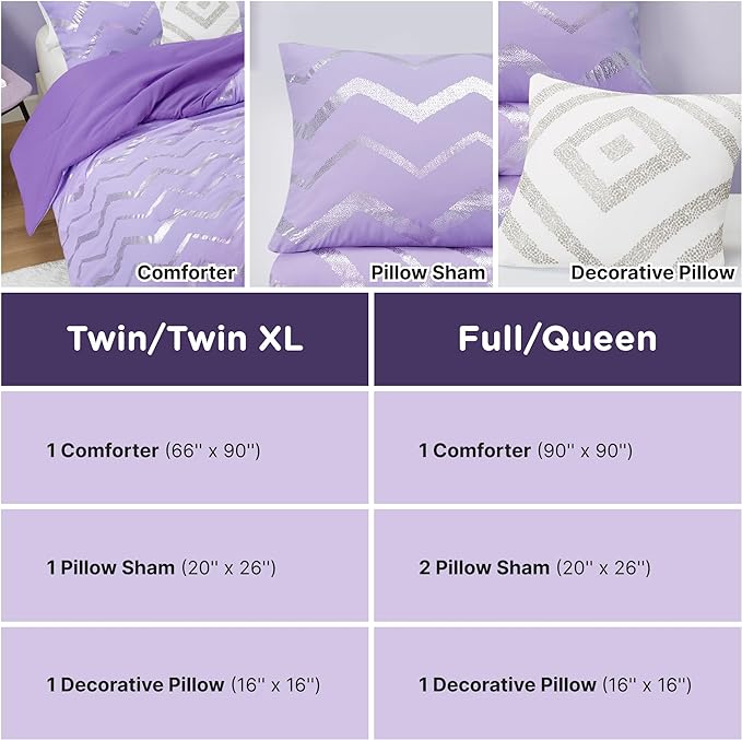 Codi Purple Comforter Set Full - Metallic Silver and Lavender Bedding Sets Queen Size - 4 Piece Set for Girls, includes 1 Comforter, 1 Decorative Pillow, 2 Pillow Cases - All Season Warm - LeafyLoom
