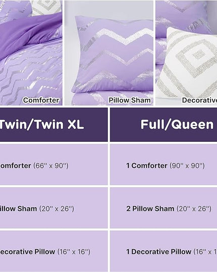 Codi Twin XL Bedding Set - Cute Purple Bed Set, Metallc Print Comforter - 3 Piece Sets for Girls, includes 1 Comforter, 1 Decorative Pillow, and 1 Pillow Case - All Season, Lightweight and Warm - LeafyLoom