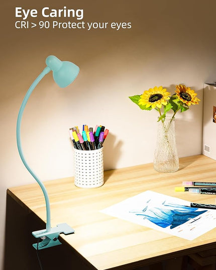 Clip on Reading Light for Bed 3 Color Modes, 10 Brightness Dimmable, Flexible Gooseneck Clip on Lamp, Eye Care Clip Light for Bed Headboard Desk Home Dorm, Teal - LeafyLoom