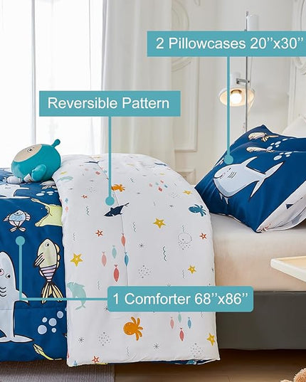 WINLIFE Shark Twin Comforter Set for Boys Blue Ocean Theme Printed Bedding Set, Super Soft and Easy Wash Reversible Kids Bed Set 1 Comforter 2 Pillowcases (3-Pieces, Twin) - LeafyLoom
