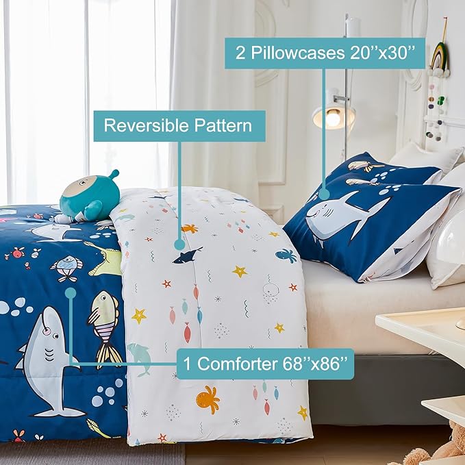 WINLIFE Shark Twin Comforter Set for Boys Blue Ocean Theme Printed Bedding Set, Super Soft and Easy Wash Reversible Kids Bed Set 1 Comforter 2 Pillowcases (3-Pieces, Twin) - LeafyLoom