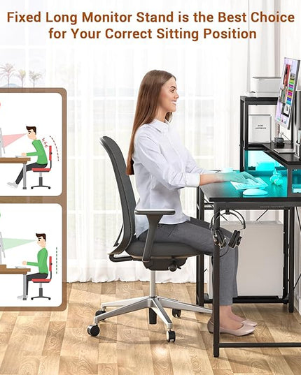 armocity 2024 Upgrade Gaming Desk with LED Lights, Small Computer Desk with Long Monitor Stand, 40'' Reversible Laptop Table with Storage Shelves, Small Desk for Small Spaces, Gaming Room, Black - LeafyLoom