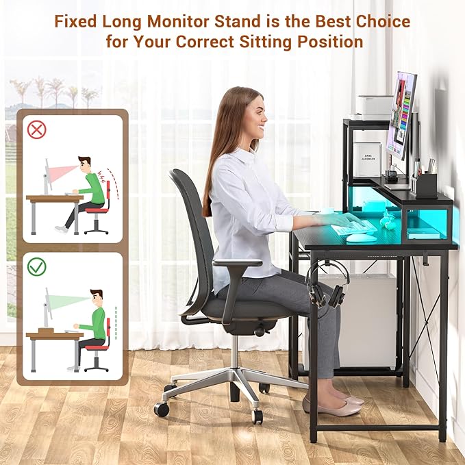 armocity 2024 Upgrade Gaming Desk with LED Lights, Small Computer Desk with Long Monitor Stand, 40'' Reversible Laptop Table with Storage Shelves, Small Desk for Small Spaces, Gaming Room, Black - LeafyLoom