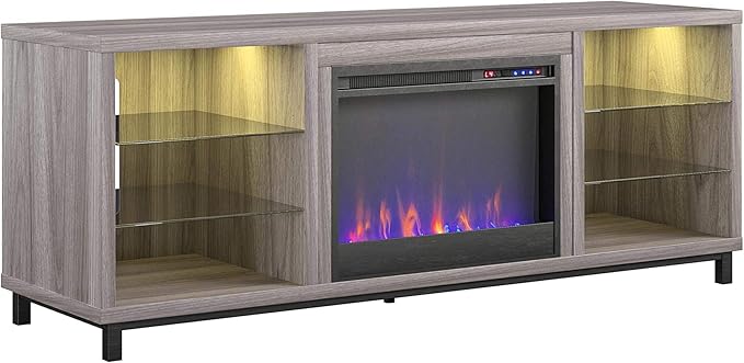 Ameriwood Home Lumina Fireplace TV Stand for TVs up to 70 Inch, Replaceable Electric Fireplace Insert Heater, Remote Control, Timer, Color Changing LED Lights, Crystal Ember Flames, Light Walnut - LeafyLoom