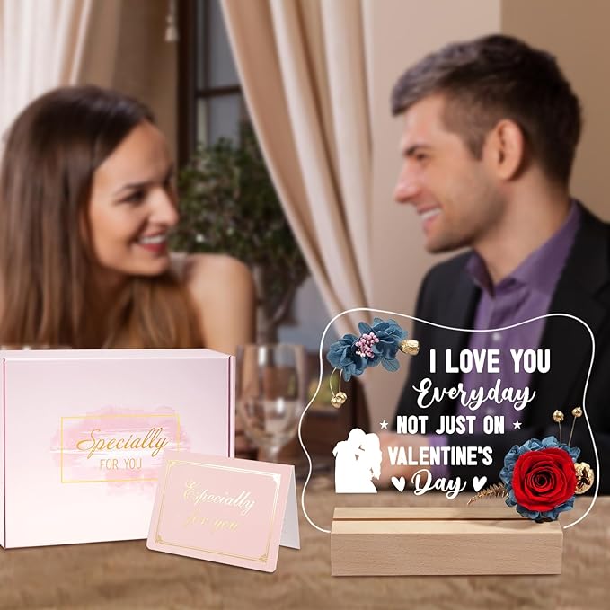 Yamonic Valentines Day Gifts for Her, Handmade Acrylic Plaque with Eternal Real Rose, Night Light with Preserved Rose Romantic Gifts for Girlfriend Wife Women (Valentine's Day) - LeafyLoom