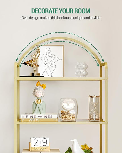 Bookcase Bookshelf, Tempered Glass Bookshelves, Slim Shelving Unit for Bedroom, Bathroom, Home Office, Steel Frame, 5 Tier Gold BC21599G - LeafyLoom