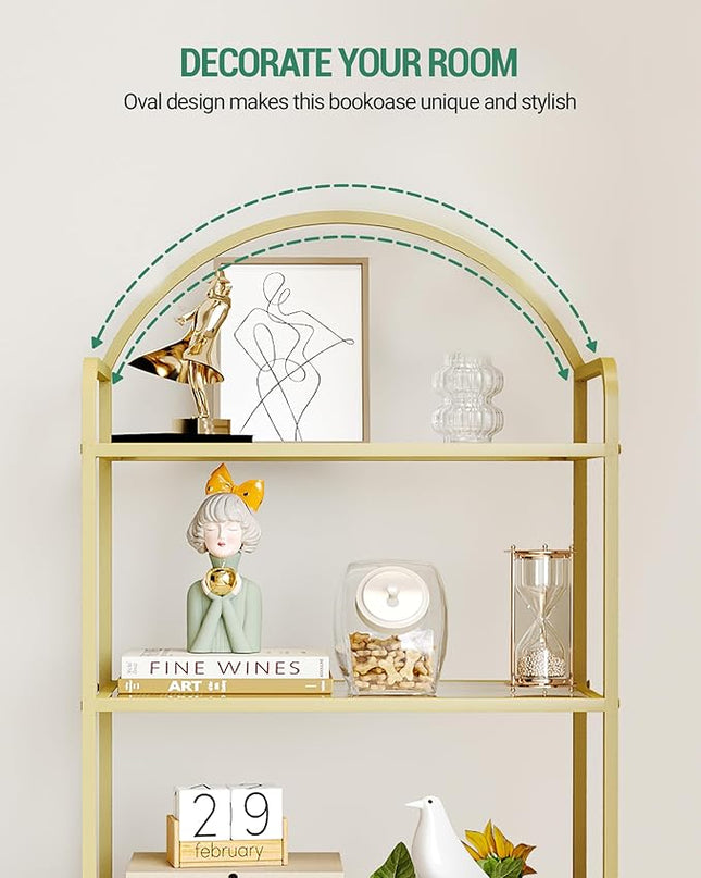 Bookcase Bookshelf, Tempered Glass Bookshelves, Slim Shelving Unit for Bedroom, Bathroom, Home Office, Steel Frame, 4 Tier Gold BC21499G - LeafyLoom