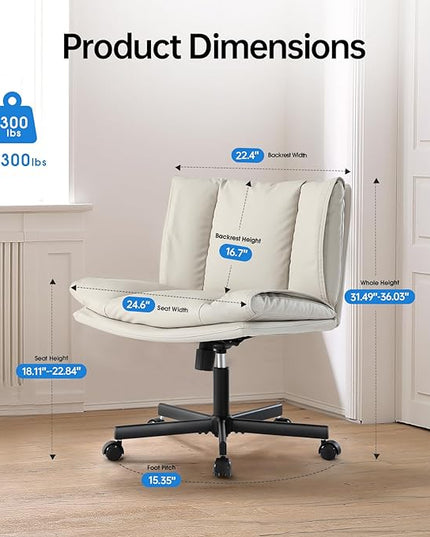 LEAGOO Armless Desk Chair, Office Chair with Wheels, PU-Leather Desk Chair, Modern Swivel Height Adjustable Office Chair with Wide Seat for Home, Office, Make Up, Bed Room - Beige - LeafyLoom
