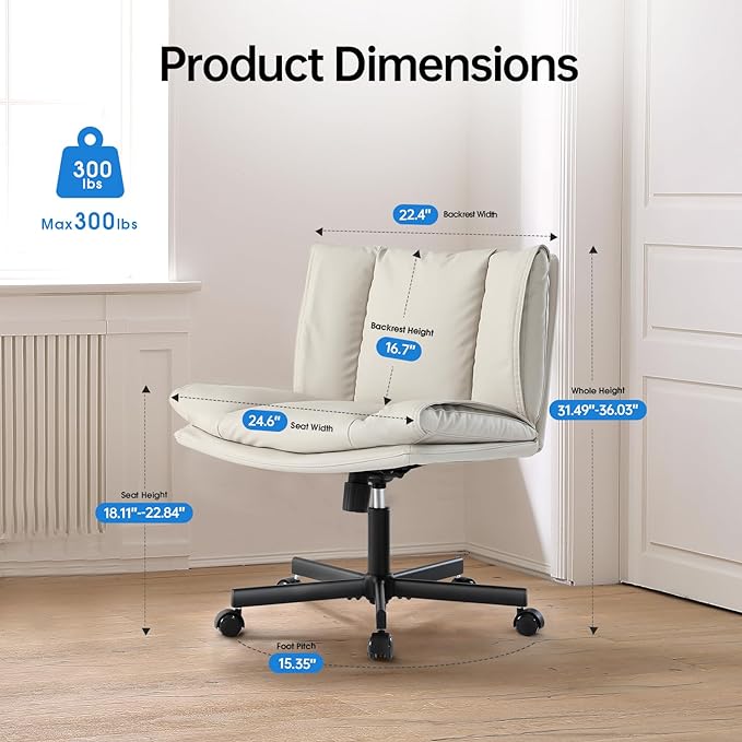 LEAGOO Armless Desk Chair, Office Chair with Wheels, PU-Leather Desk Chair, Modern Swivel Height Adjustable Office Chair with Wide Seat for Home, Office, Make Up, Bed Room - Beige - LeafyLoom
