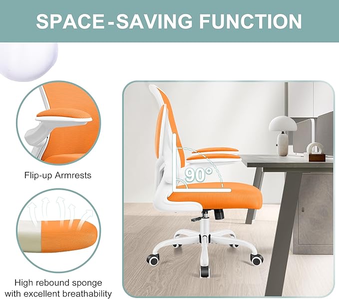Ergonomic Office Chair, Lumbar Support Desk Chair with Flip-up Armrest and Breathable Mesh, Height Adjustable Swivel Office Chair Orange - LeafyLoom